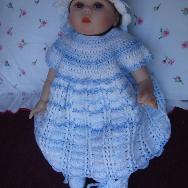 Crochet Dress, Bootees and Hat, Bonnet, In Pale Blue and White 3 Months (R186)