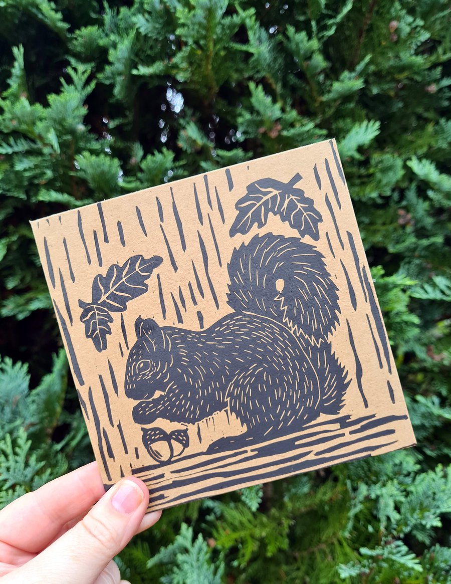 Hand printed lino print Squirrel card