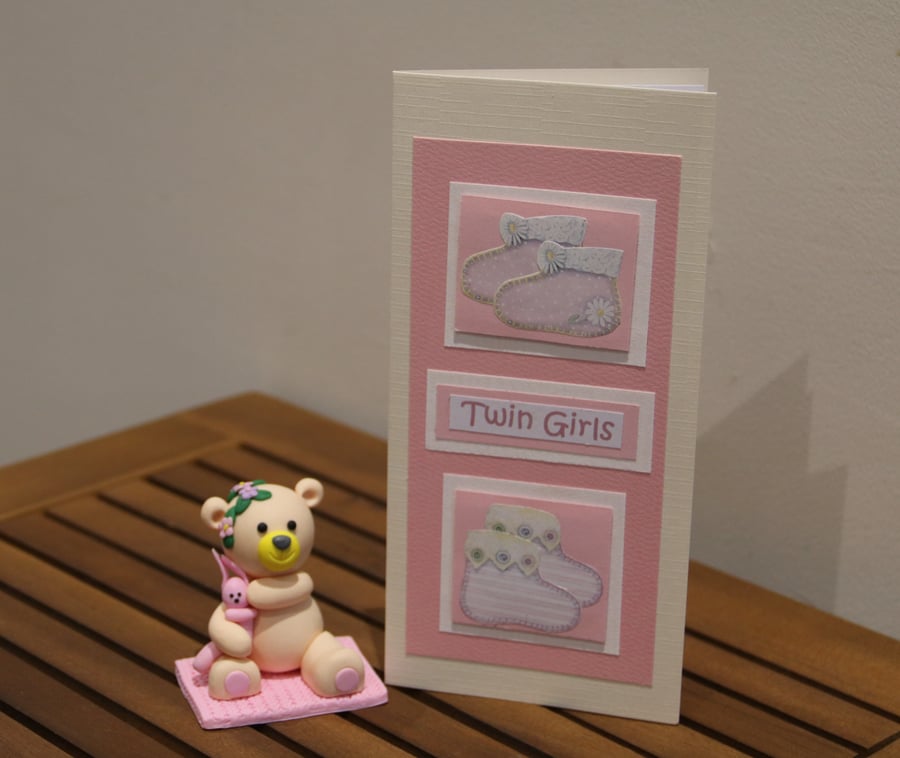 New Baby - Twin Girls card, Baby bootees, DL card & envelope