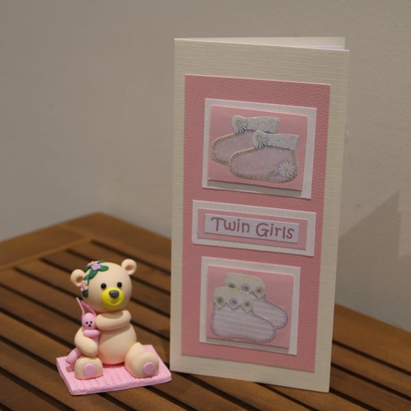New Baby - Twin Girls card, Baby bootees, DL card & envelope