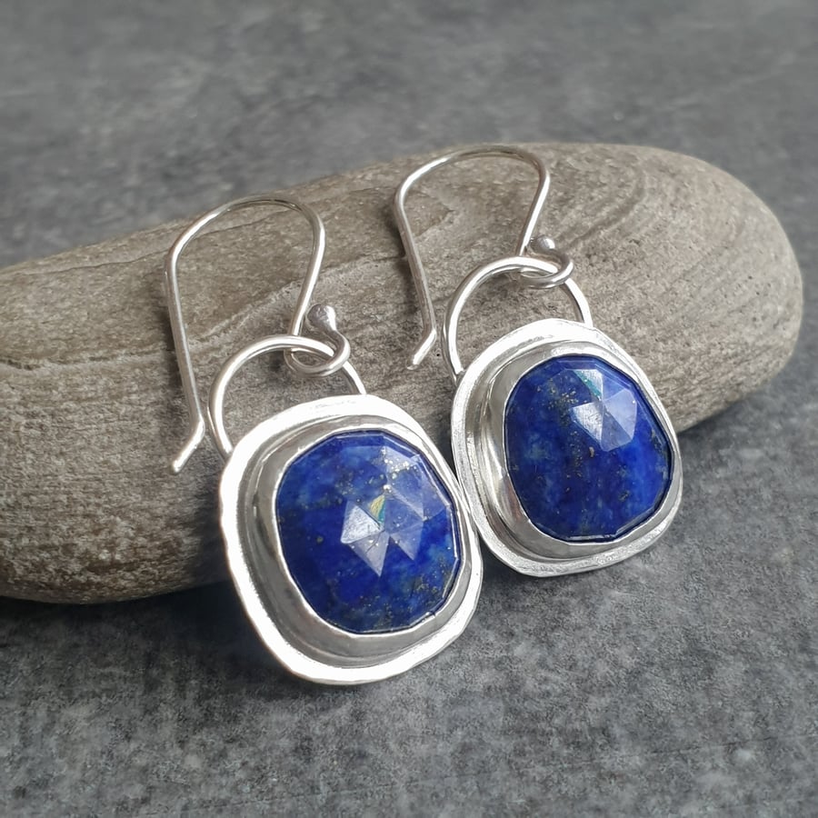 Lapis lazuli earrings, Denim blue gemstones, Square dangle earrings