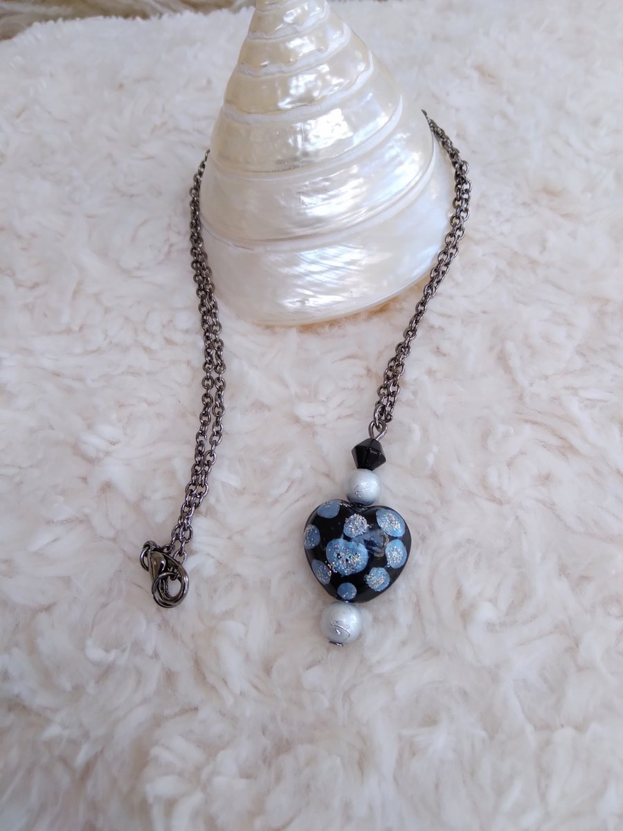Black & Silver LAMPWORK heart with blue foil beads pendant on gunmetal necklace