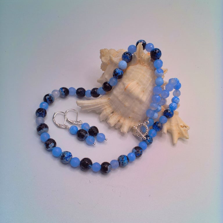 Blue Lace Agate Hand Strung Necklace and Earrings, Gift Set, Gift for Her 