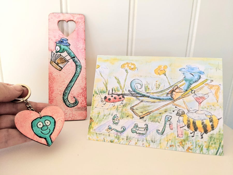 Handpainted wooden bookmark, bookworm keyring, greeting card, letterbox gift