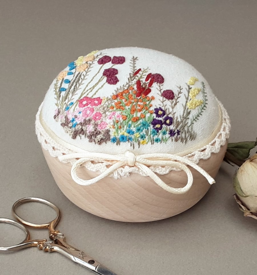 Pincushion, hand embroidered floral design pin cushion, gift for the sewer