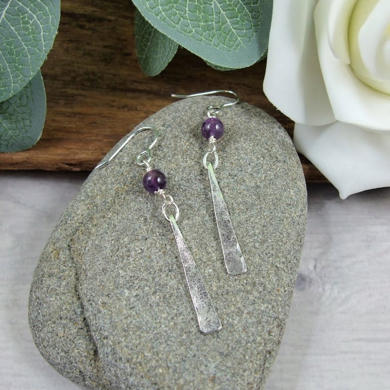 Earrings, Sterling Silver Triangle and Amethyst Droppers