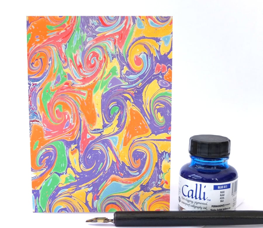 Unusual marbled paper art greetings card snail French curl pattern