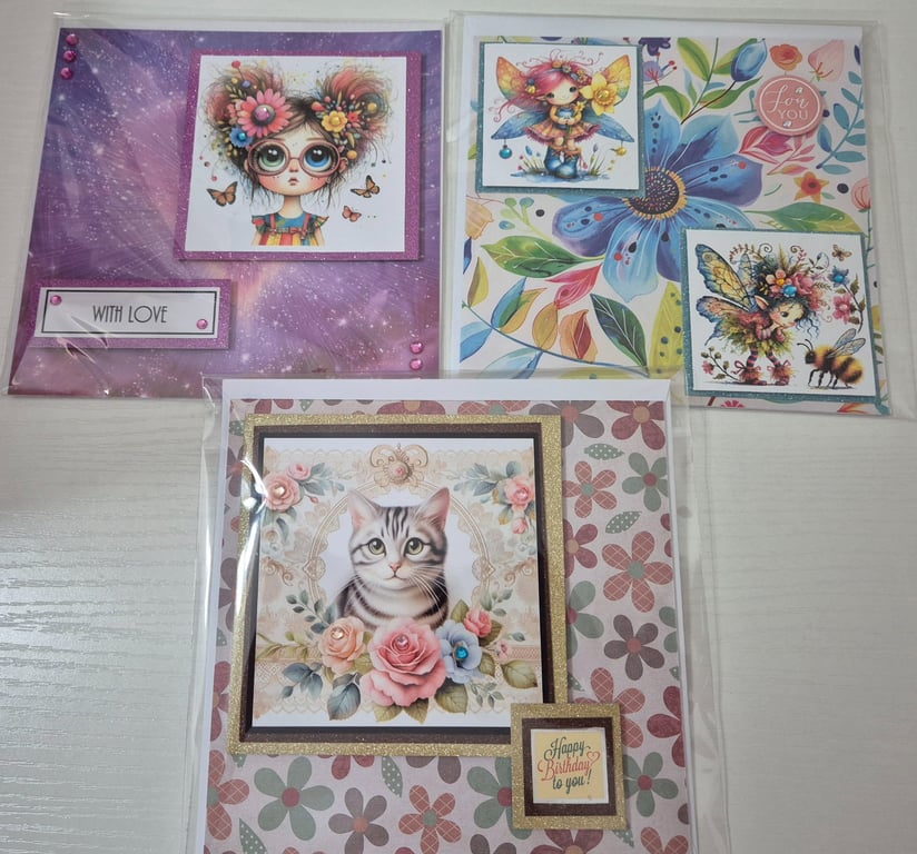 Set of 3 Handmade Greeting Card Bundle - mixed greetings