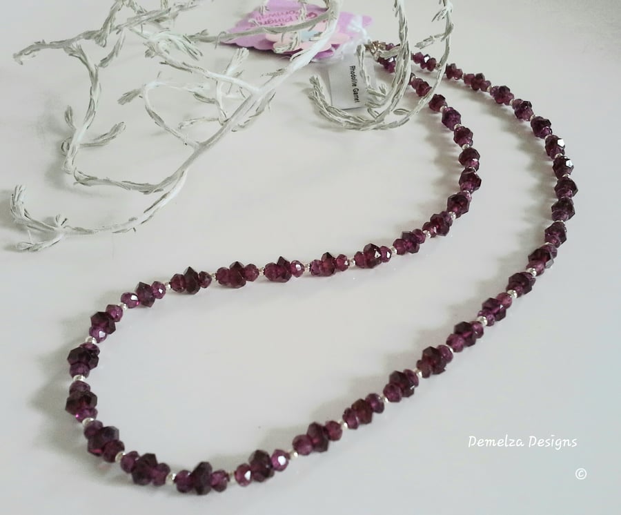 Very Rare Faceted Rhodolite Garnet Sterling Silver Necklace