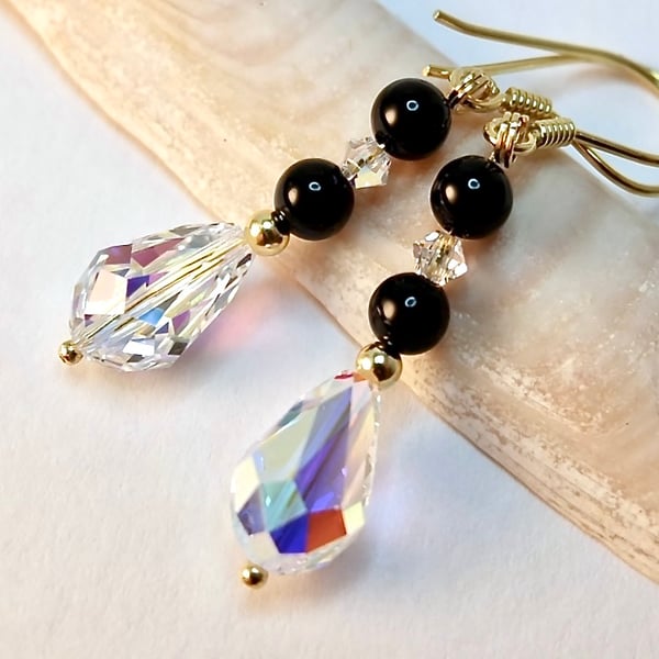 Swarovski Crystal Teardrop And Black Onyx Earrings - Handmade In Devon
