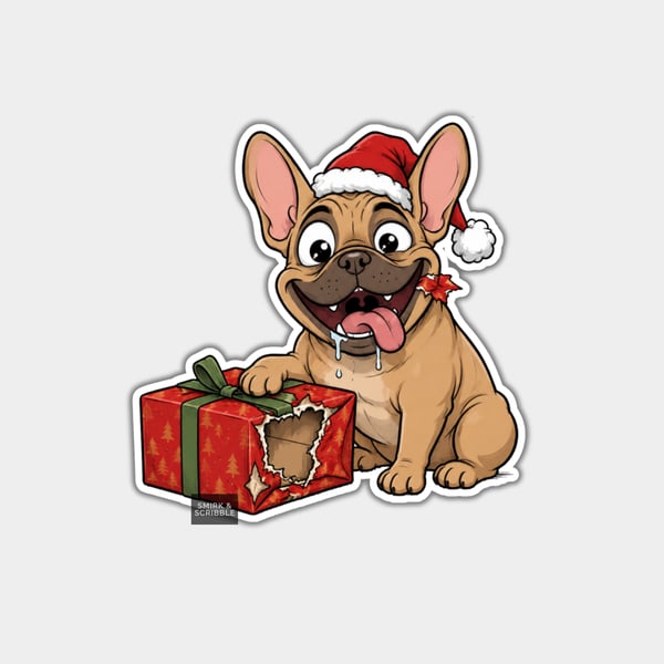 Unique Funny Christmas Sticker Xmas Decal - Cute Cheeky Dog In Santa Hat