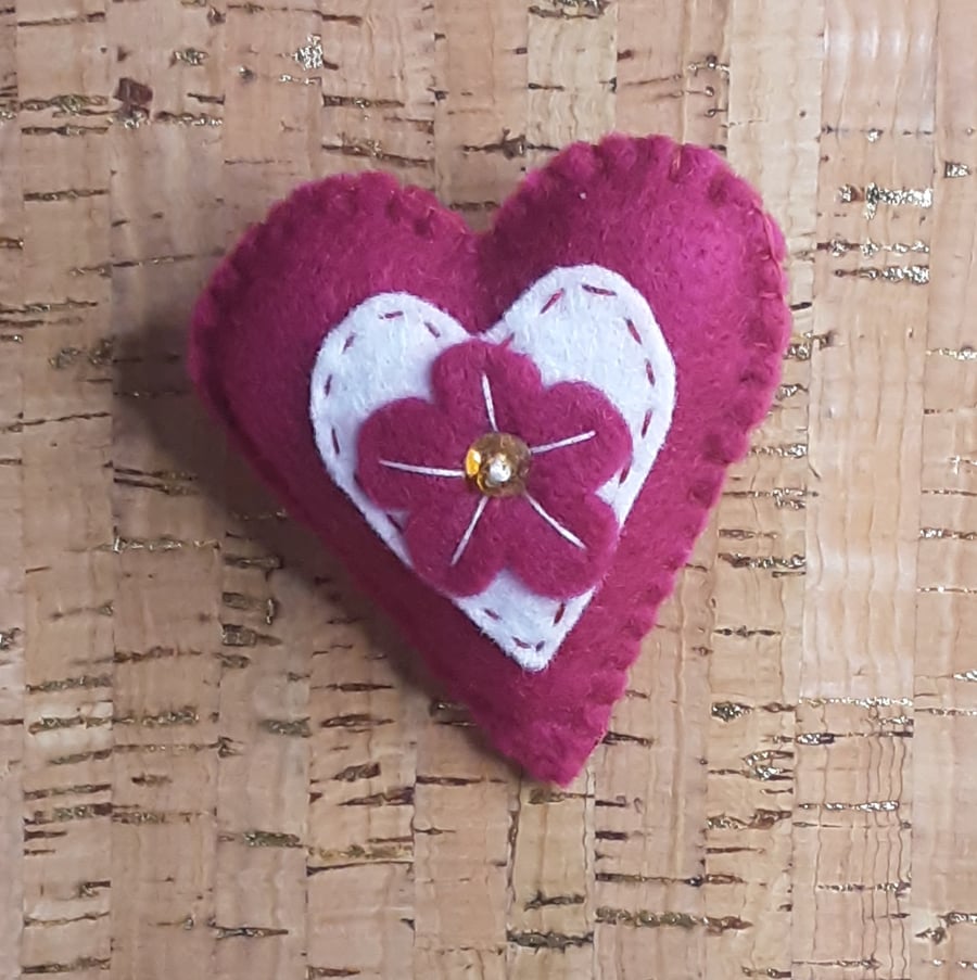 Heart, Dark Rose Pink with White Heart inset & Dark Rose Pink felt Flower Brooch