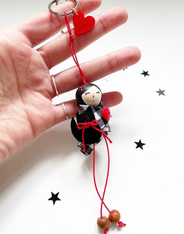 Handmade Cat Bag Charm: Hand-Painted Wood Keyring, Cat Lover Gift