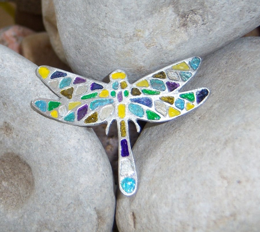 Dragonfly Brooch etched in pewter with sterling silver 