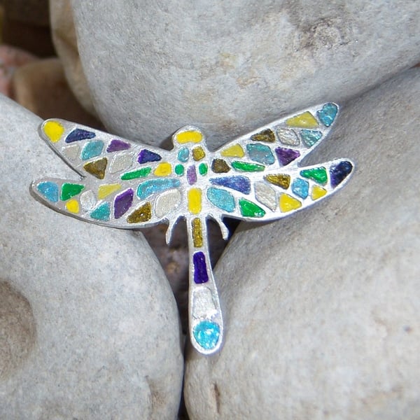 Dragonfly Brooch etched in pewter with sterling silver 