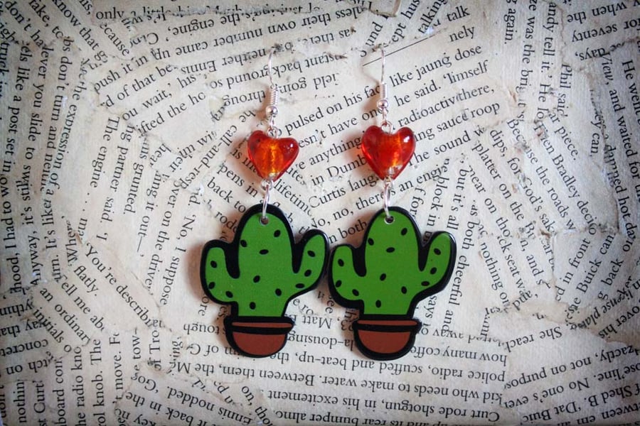 Acrylic Cactus Glass Love Heart Dangle Earrings