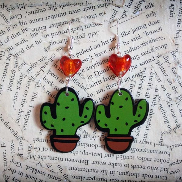 Acrylic Cactus Glass Love Heart Dangle Earrings