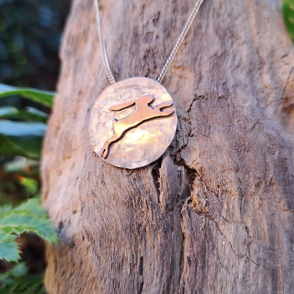 Moon Leaping Hare Pendant: Copper on Sterling Silver
