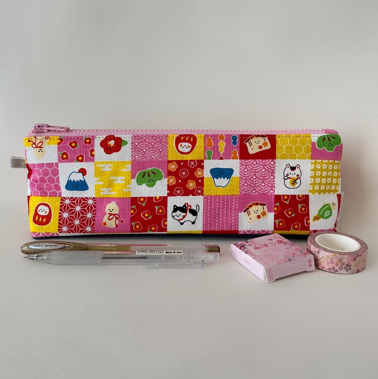 Pencil Case Japanese Pink and Yellow Kawaii Fabric with Denim