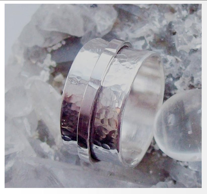 Hammered Wide Silver Spinner Ring Size S unisex Sterling Silver Hallmarked