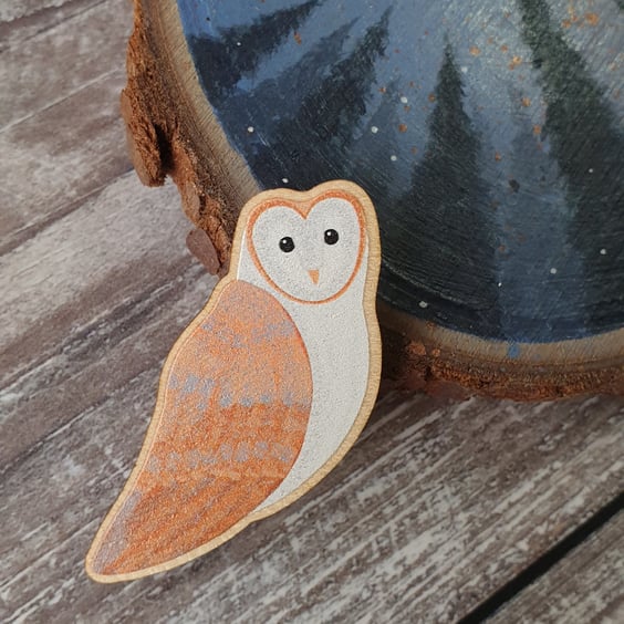 Barn Owl Wooden Pin Brooch