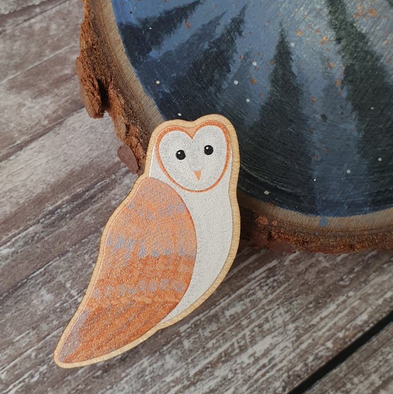 Barn Owl Wooden Pin Brooch