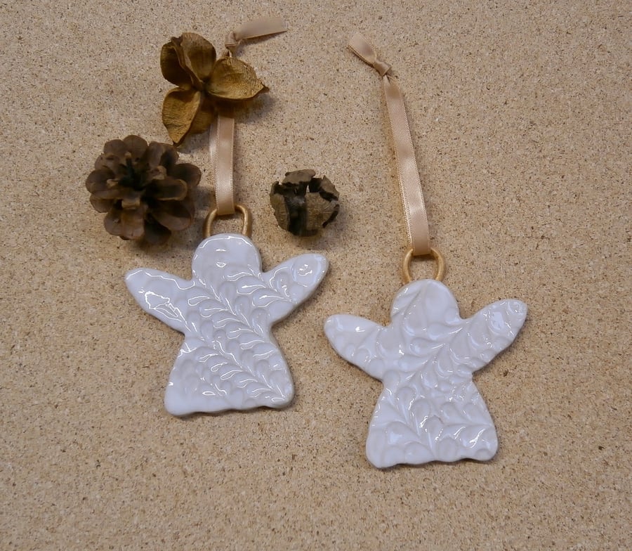 Angel hanging ornament set of 2 - white ceramic hanging angels - 2not