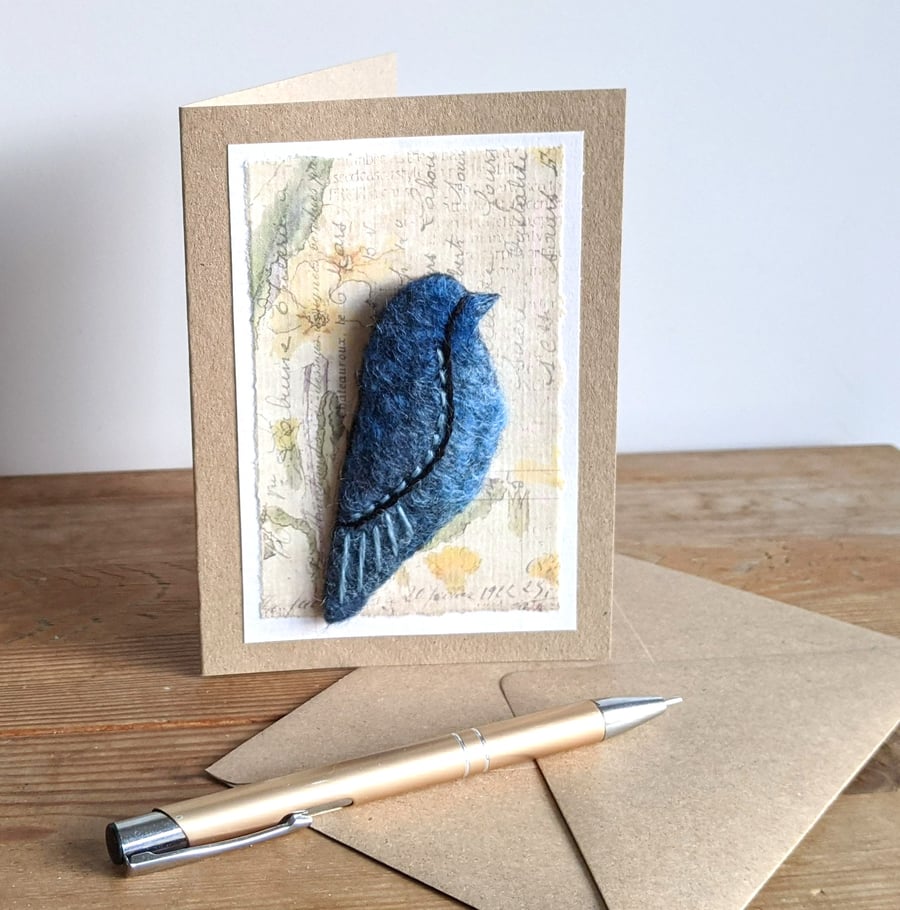 Brooch on a card - felted bird in blues