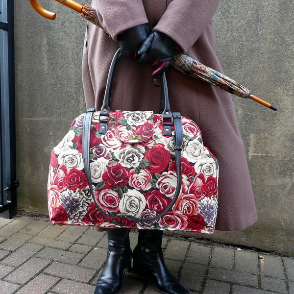Rose tapestry carpet bag, Mary Poppins style weekend bag, overnight bag