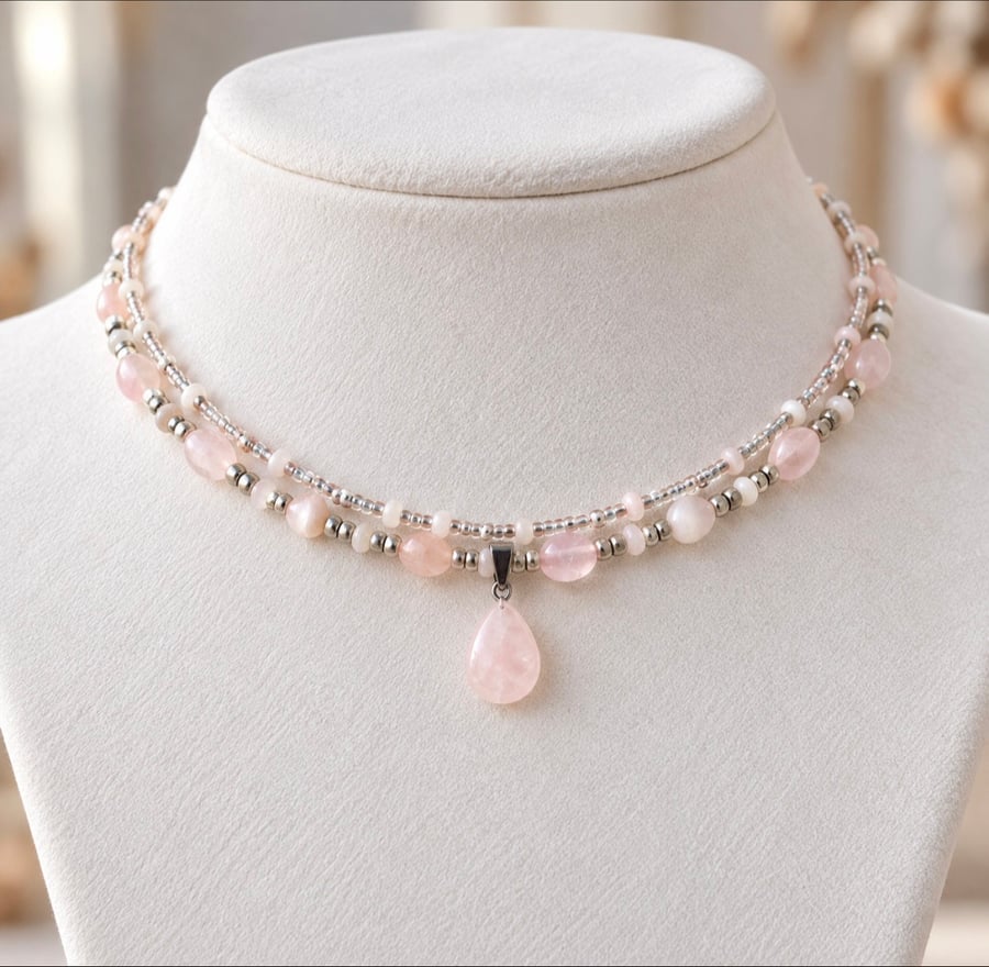 Image of Rose Gemstone Quartz Choker Necklace Romantic Gift for Her