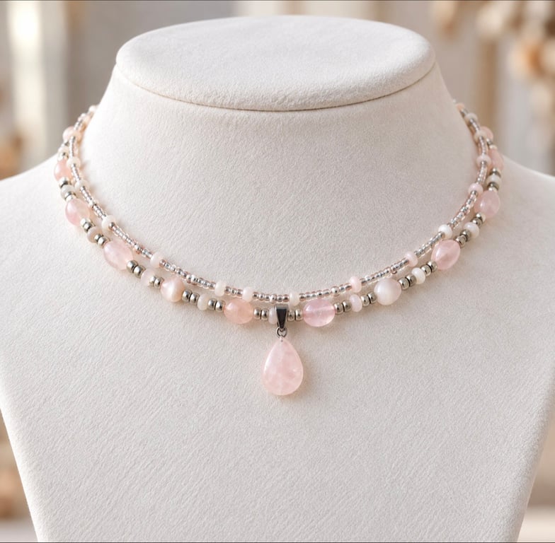 Rose Gemstone Quartz Choker Necklace Romantic Gift for Her
