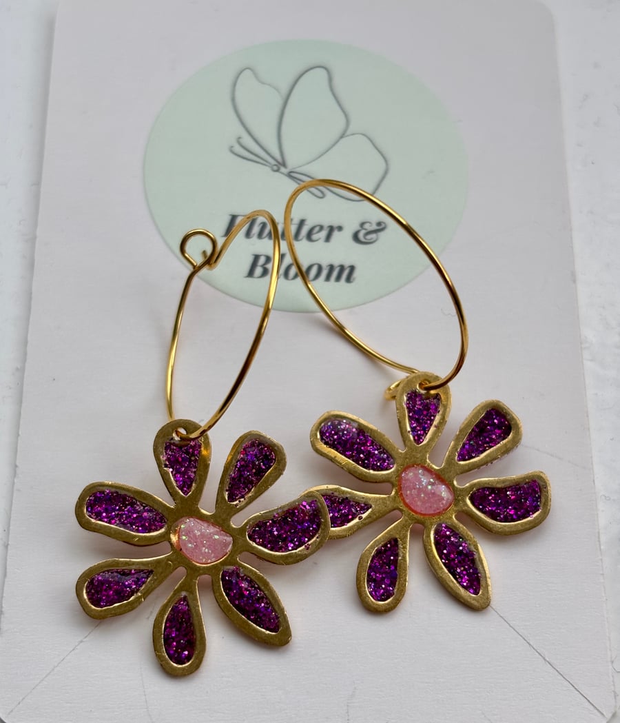 Daisy earrings magenta & pink glitter hoops