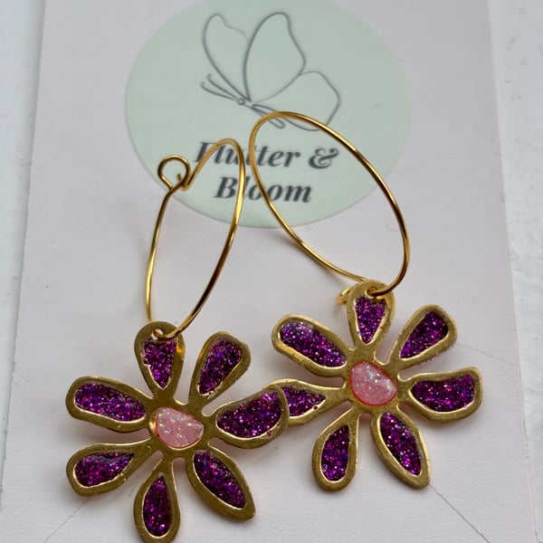 Daisy earrings magenta & pink glitter hoops