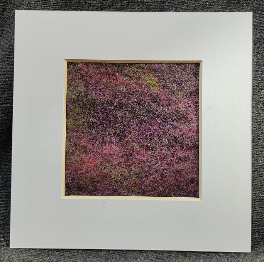 Sunlit Heather. Miniature, textile art, abstract landscape in felted wool.