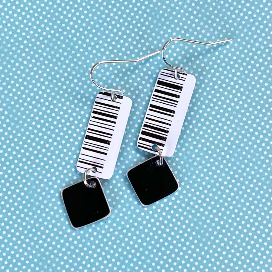 Recycled plastic monochrome barcode rectangle earrings