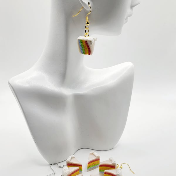 Handmade Rainbow Cake Slice Earrings, Colourful Artisan Jewellery, Boho Dangle A