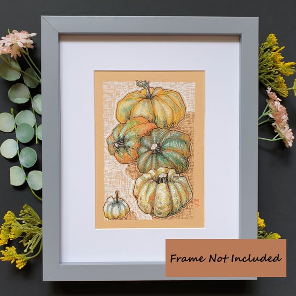 Pumpkins original drawing, pumpkin wall art, kitchen wall decor