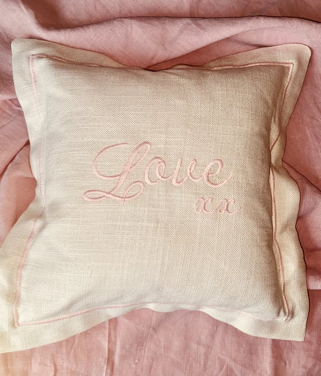 LOVE XX   Pink and Cream Embroidered Cushion. Vintage Linen, Pink Writing. 