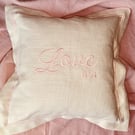 LOVE XX   Pink and Cream Embroidered Cushion. Vintage Linen, Pink Writing. 