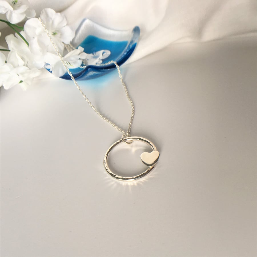 Eco Sterling Silver Hammered Circle with Heart pendant necklace
