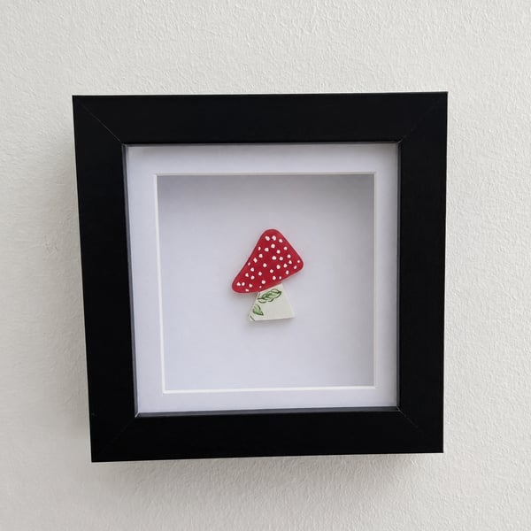 Red Toadstool Vintage China Wall Art - Handmade 10 x 10 cm Shadow Box Frame