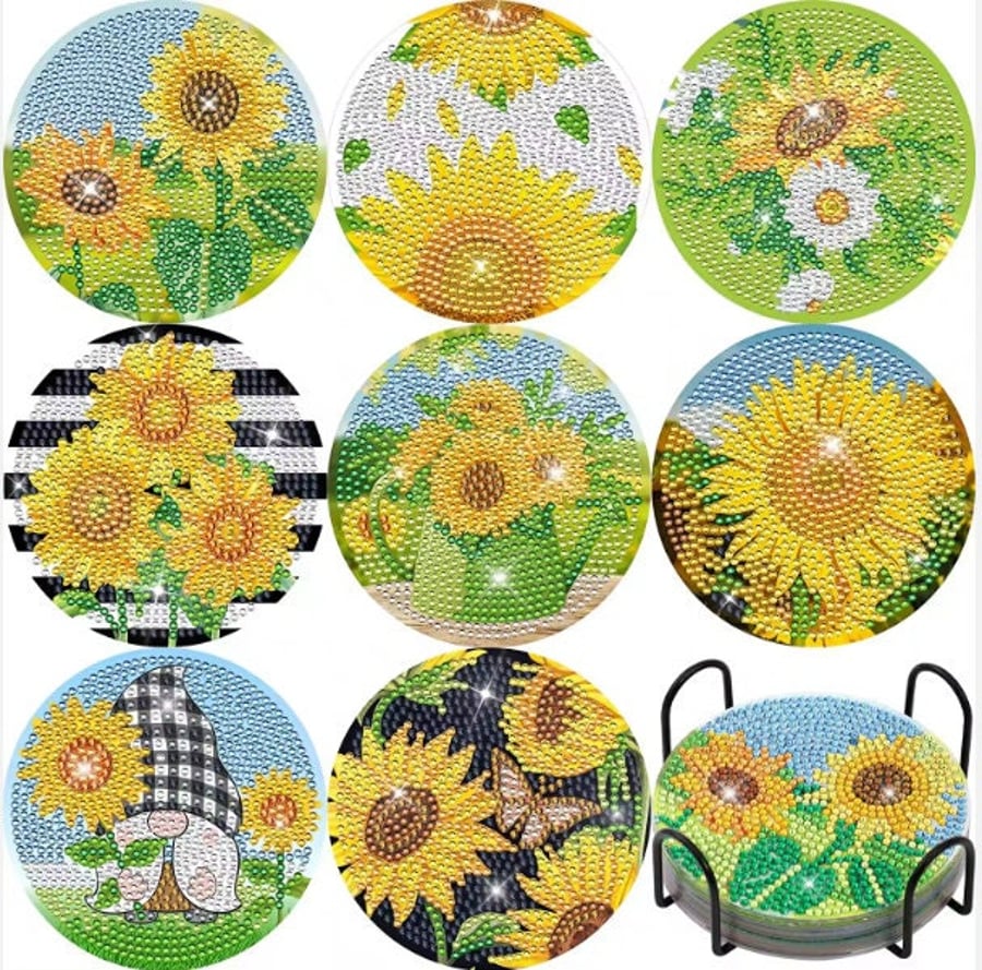 Sunflower Coasters, 5D Diamond Painting Coasters Kit, Aesthetic Sunflower Gnome 