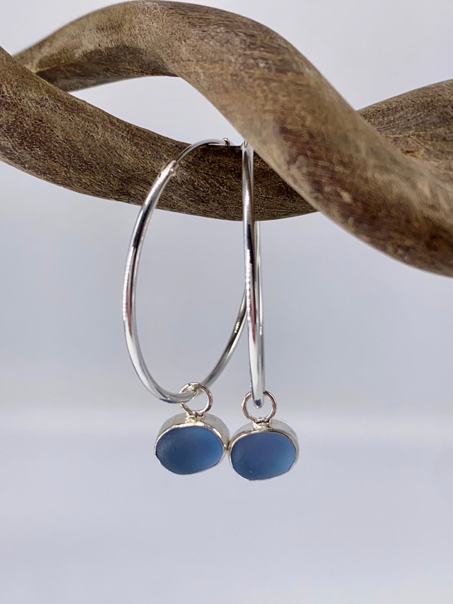 Cornflower Blue Sea Glass Hoop Earrings