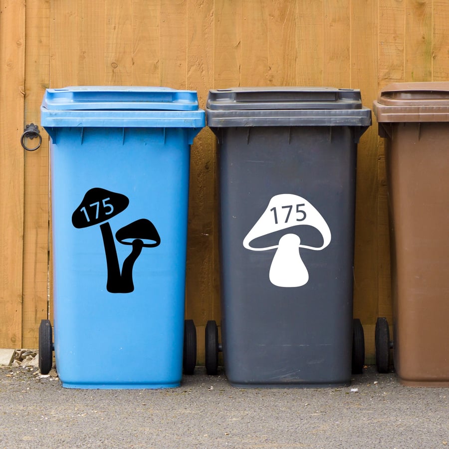 Wheelie Bin Mushroom Silhouette Personalised Sticker Custom Number House Number 