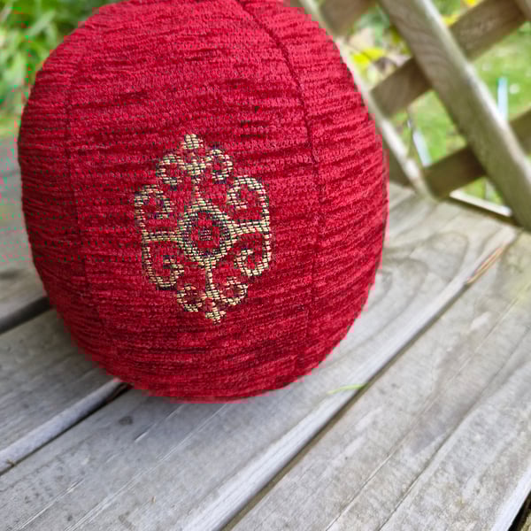 Medium, decorative, christmas, red and gold fabric bauble ball.