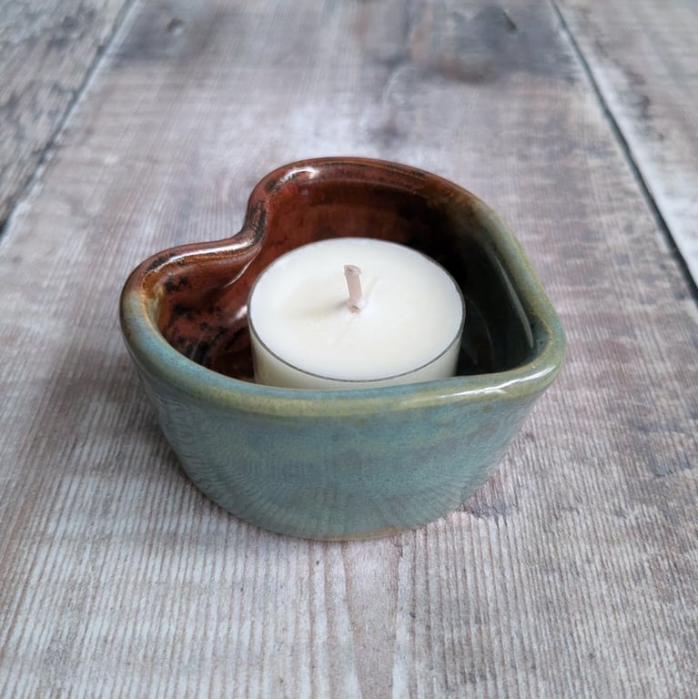 Perfectly imperfect Ceramic heart tealight, turquoise copper sample glaze