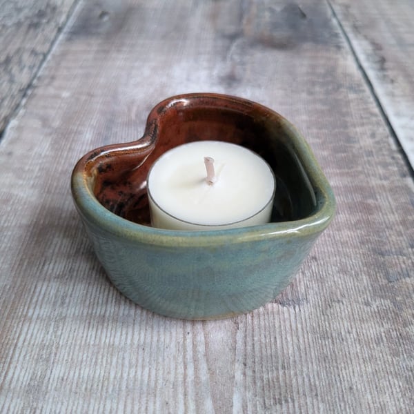 Perfectly imperfect Ceramic heart tealight, turquoise copper sample glaze