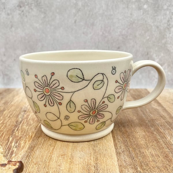 Handmade Mug - Pretty Abstract Flowers - Unique Pottery Ideal Birthday Gift -M08
