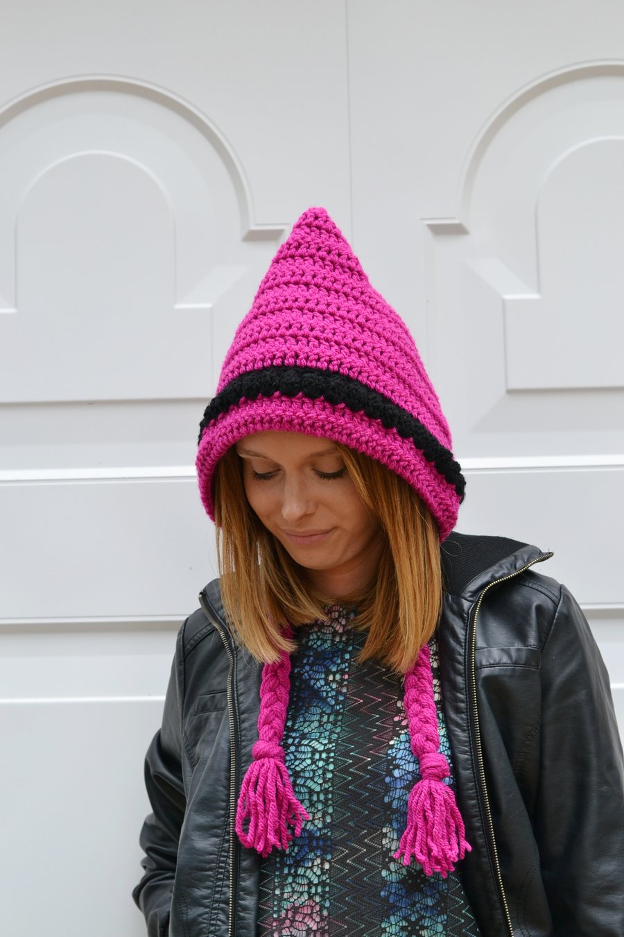 Hat Women HotPink Chunky Pixie Hat,  Hood , Festival Hat, Hippy Hat