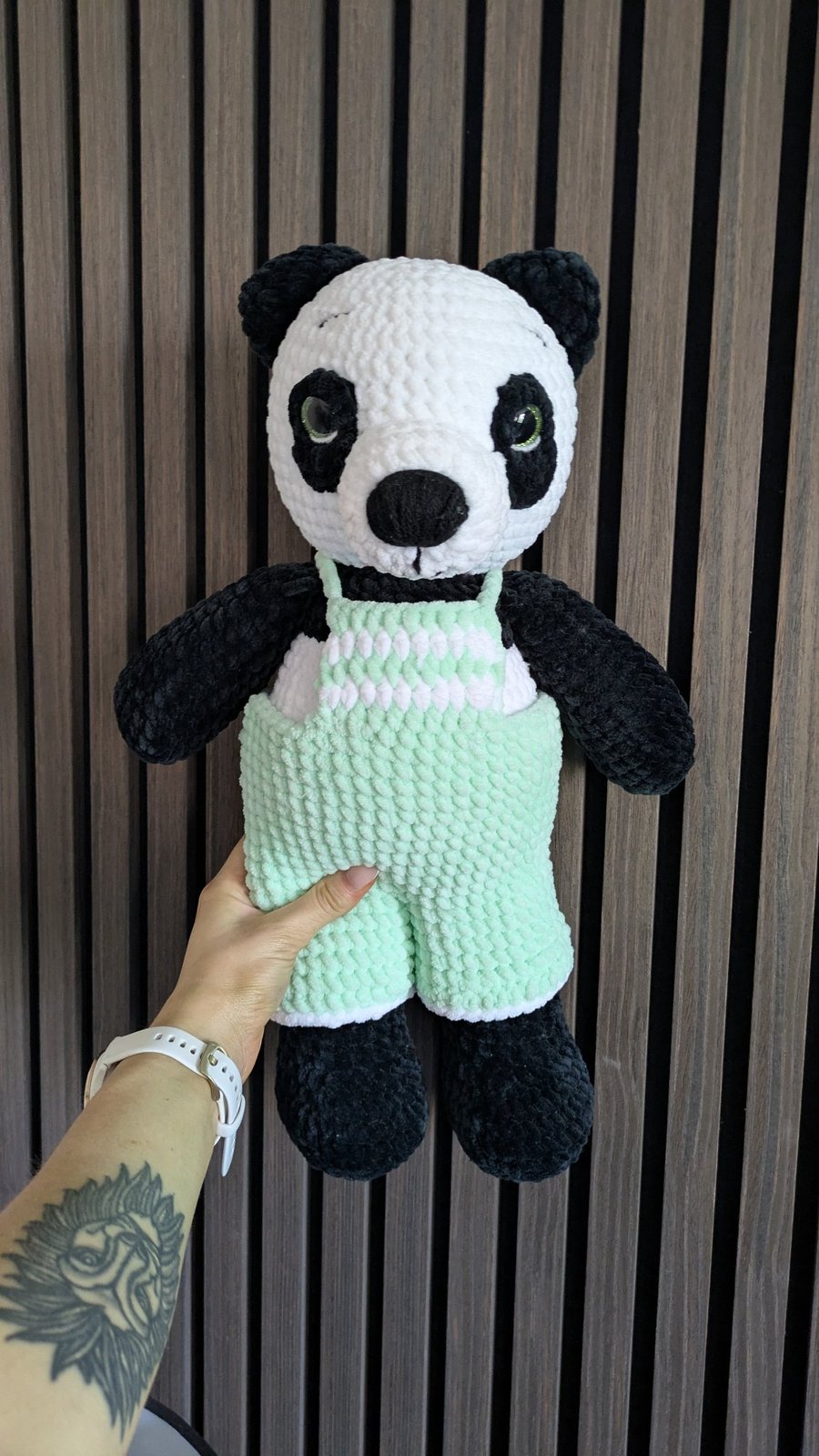 Hand-Crocheted Panda Bear in Sage Green Overalls – Soft Plush Amigurumi